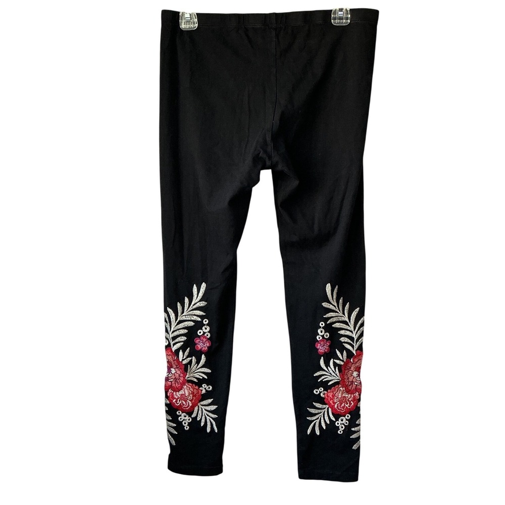 JW Los Angeles Black Floral Embroidered Leggings Womens Size Medium Boho Pants - Picture 2 of 9